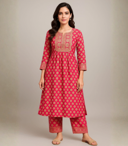 Red Printed Naira Cut Kurti with Pant Set for Women ( Earrings & Hari Clow Clip )Free