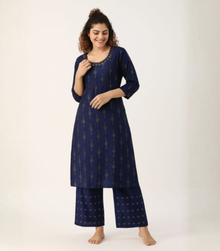 Navy Blue Printed Kurti with Palazzo Set for Women ( Juda, Hai clow clip & Earrings )  Free