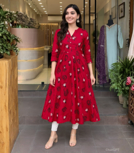 Red Floral Printed Anarkali Kurti for Women  (Earrings ) Free