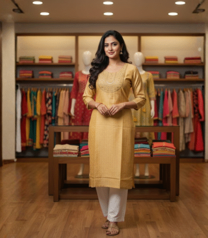 Golden Embroidered Silk Kurti  for Women  ( Earring & Hair Clip) Free