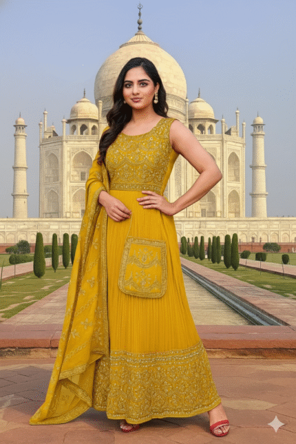 Stylish  Embroidered Yellow Nairacut, Sharara With Purse
