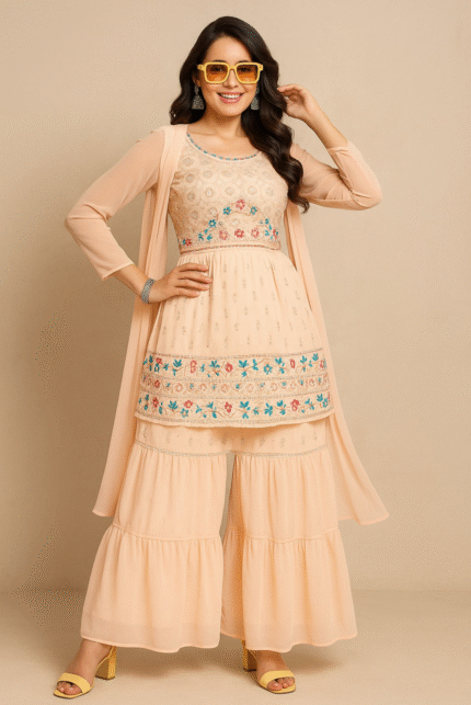 Light Orenge Embroidered Stone Design Sharara Set With Dupatta ( Earrings ) Free