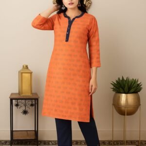 Women's Light Orange Solid Kurta with Blue Pant Set