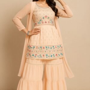 Women's Light Orange Embroidered Georgette Short Kurti, Sharara & Dupatta Set