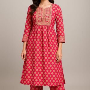 Women's Red Gold Flower Print Naira Cut Short Kurti with Pant Set