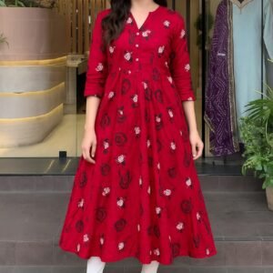 Women's Red Flower Print Gown Style Kurti