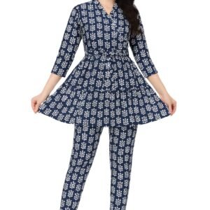 Women's Blue & White Gold Flower Print A-Line Kurta with Pant Set