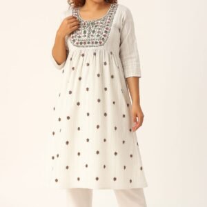 Women’s White & Green Embroidered Naira Cut Kurti Set with Pant