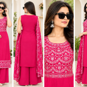 Women’s Pink  Embroidered Kurti with Plain Palazzo & Dupatta Set | 3 Piece Ethnic Wear